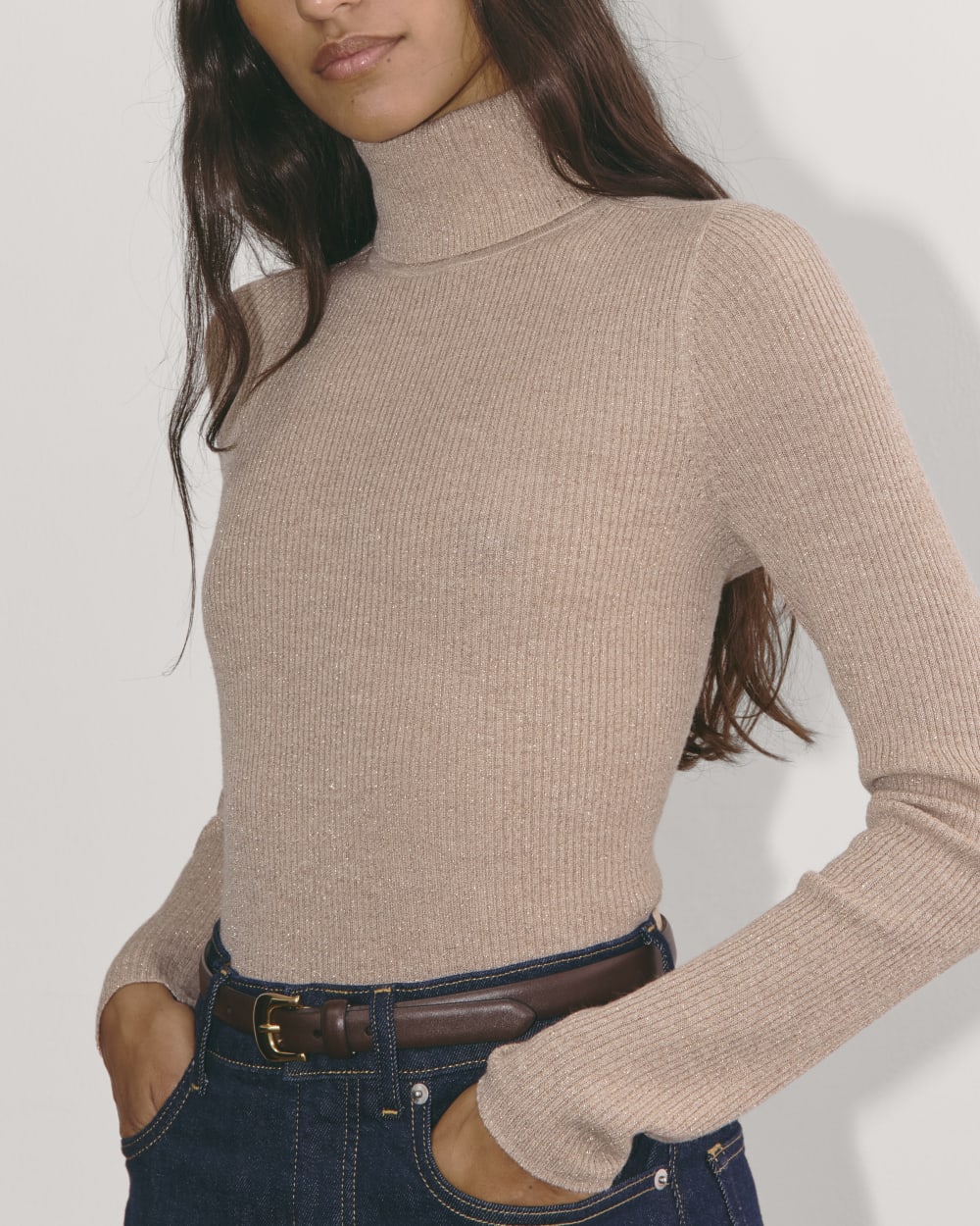 The Turtleneck in Lurex Merino in Rose Gold — detail view