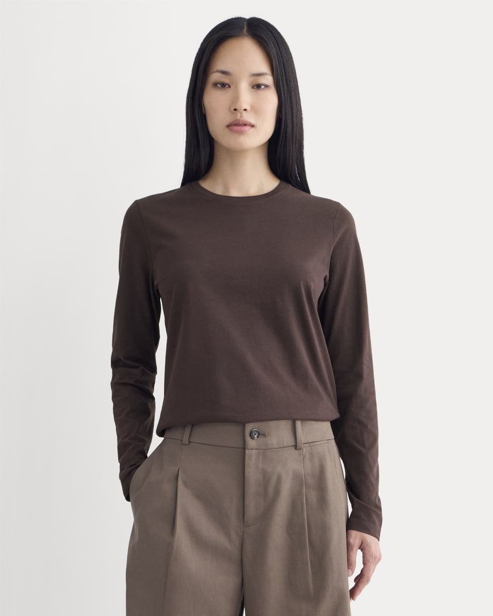 The Slim Long-Sleeve Crew in Essential Cotton in Dark Chocolate — front view
