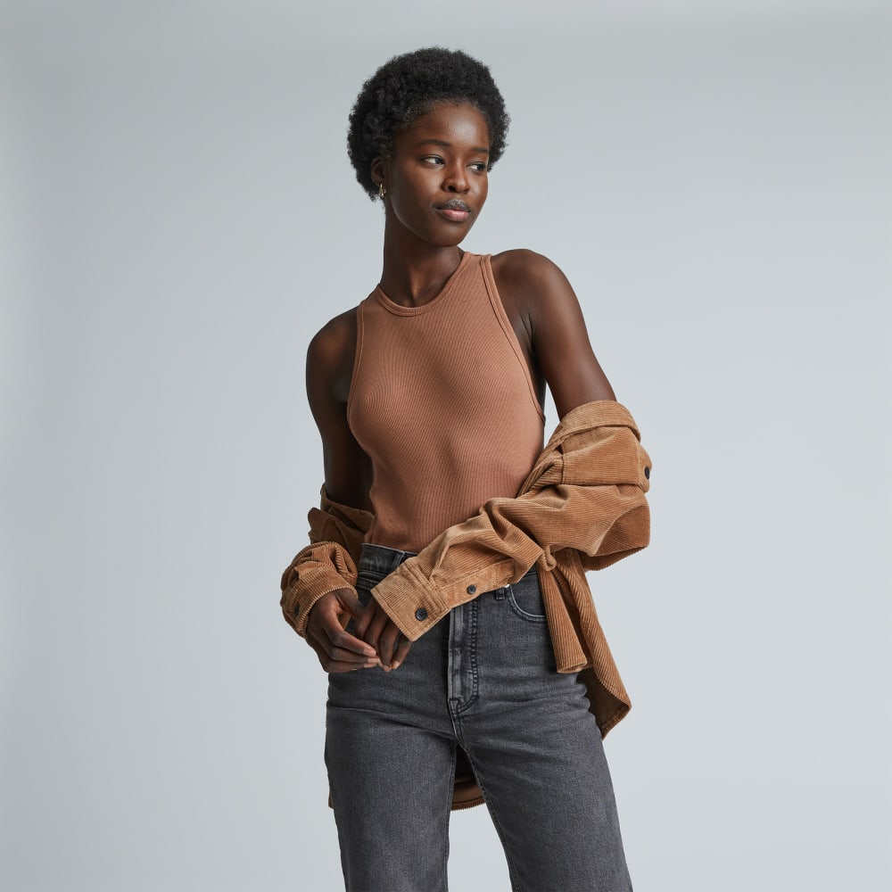 The Luxe Rib Racerback Tank in Carob Brown — front view