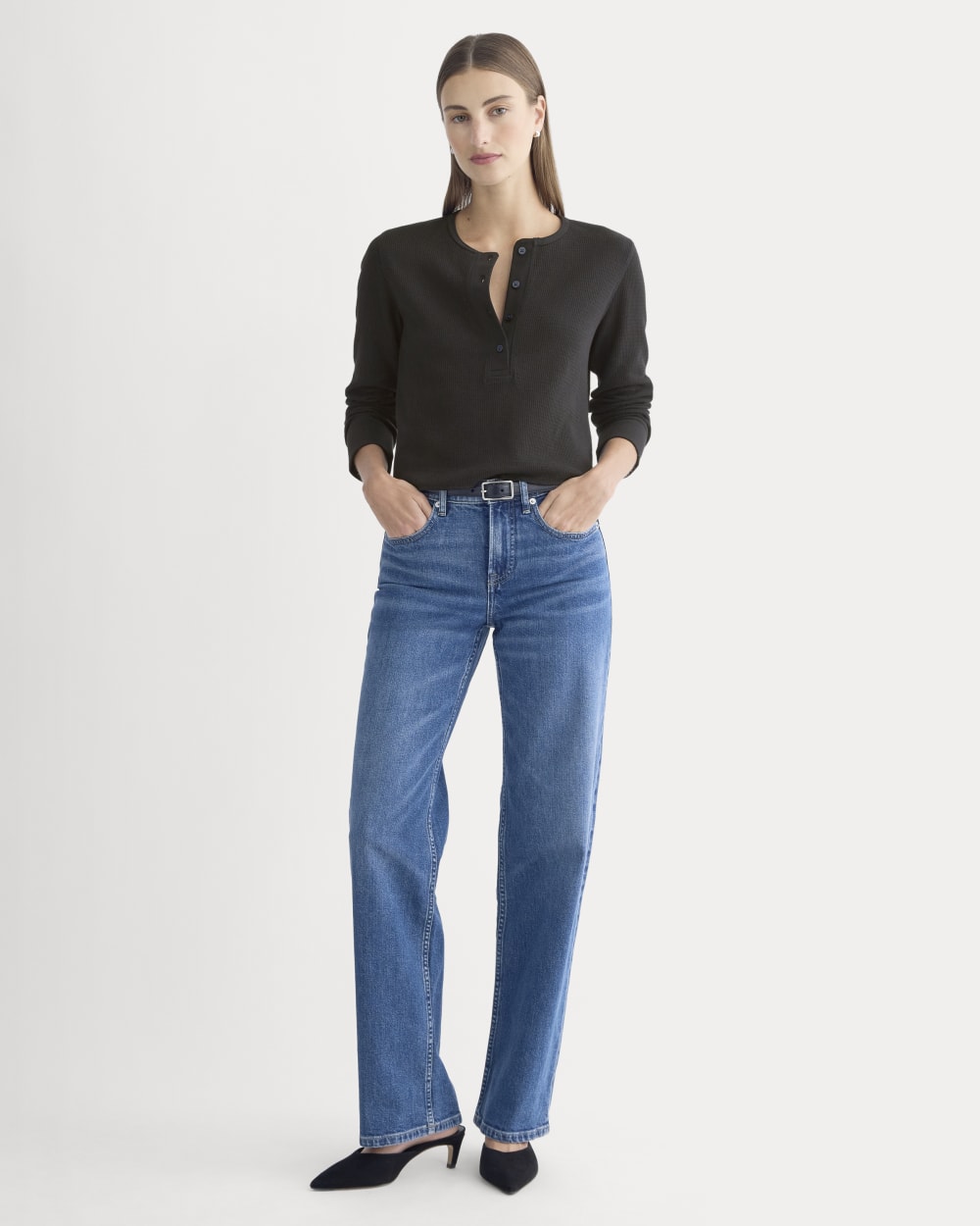 Boxy Henley in Cozy Waffle in Black — detail view