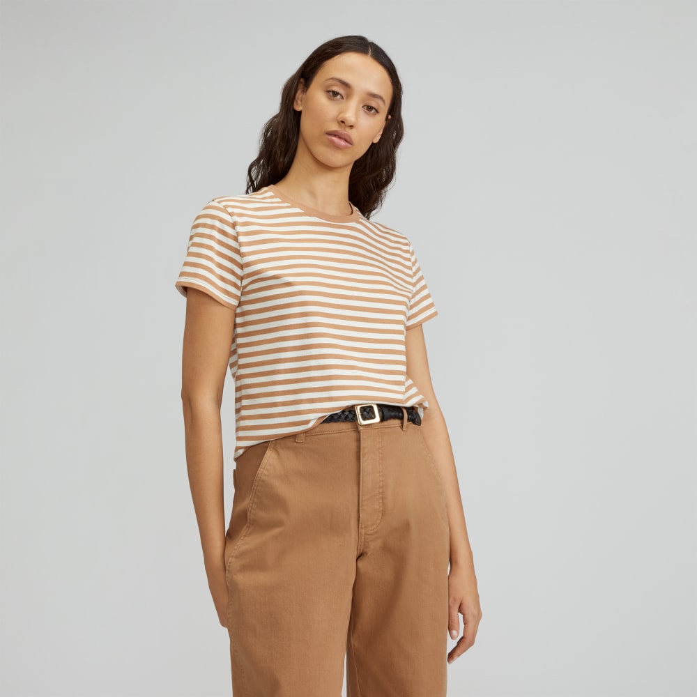 The Box-Cut Tee in Essential Cotton in Caramel / Canvas Tan — front view