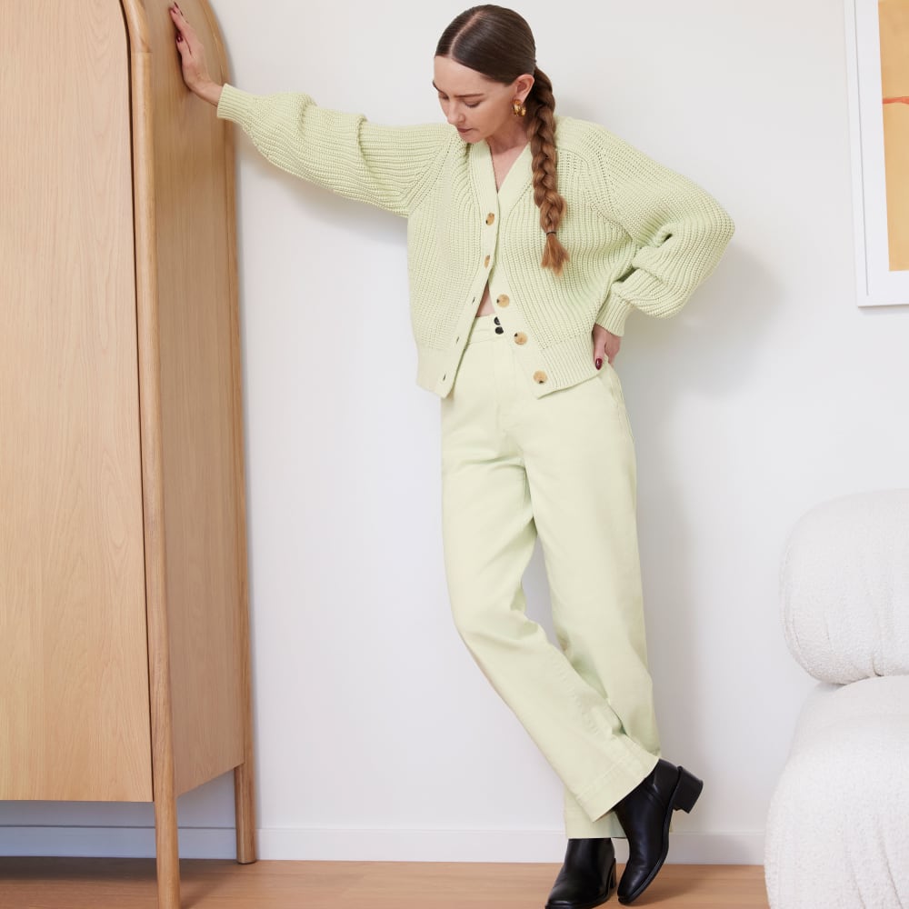 The Organic Wide-Leg Pant in Seafoam Green — detail view