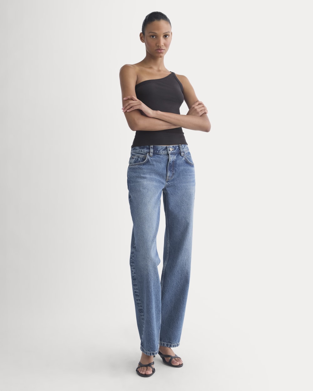 RetroSoft Cotton One-Shoulder Tank in Black — detail view