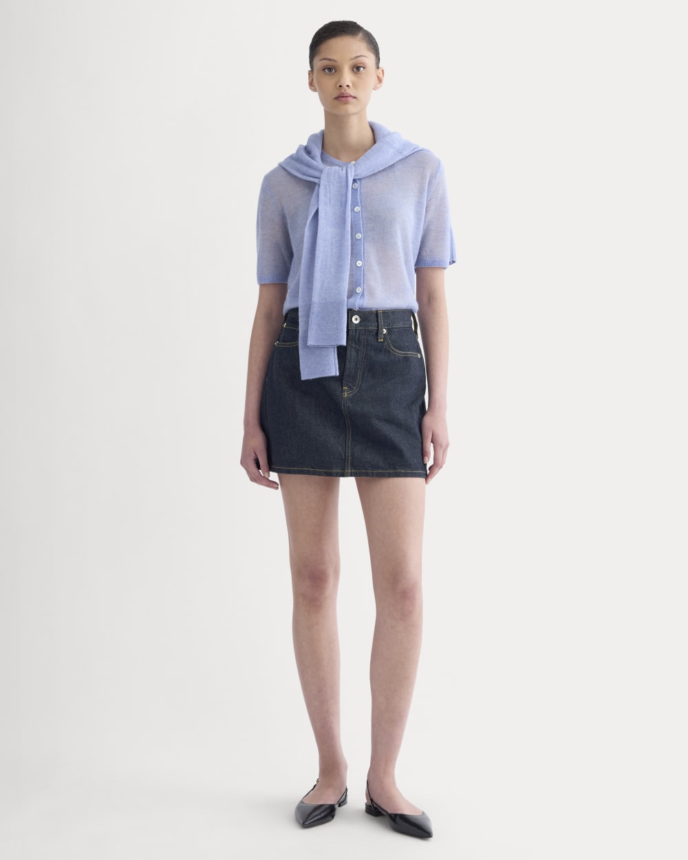 The Air Alpaca™ Short-Sleeve Cardigan in Soft Blue — detail view