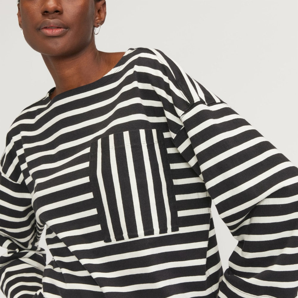 The Premium Weight Oversized Pocket Tee in Black / Canvas Tan — detail view