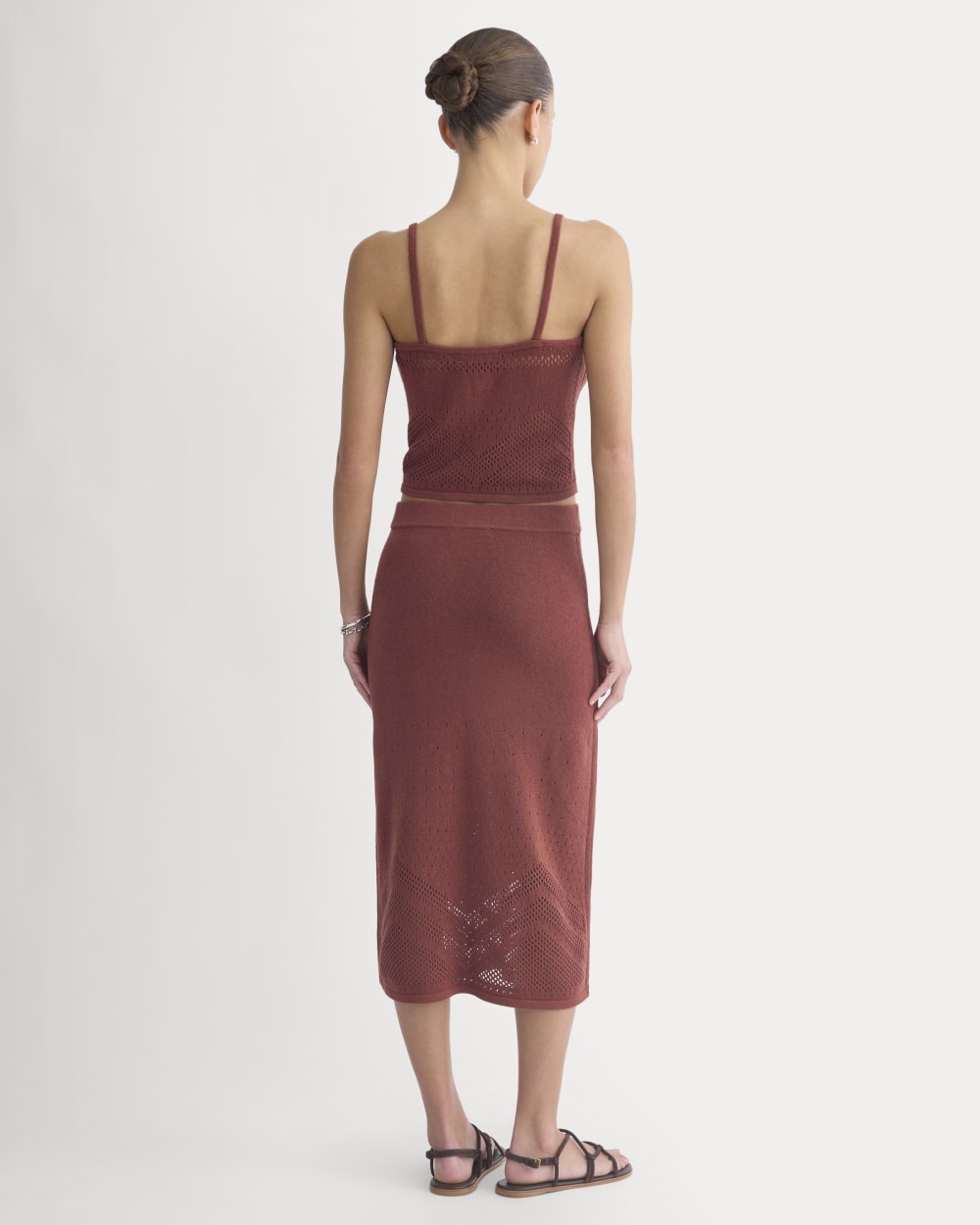 Lace-Knit Maxi Skirt in Henna Red — detail view
