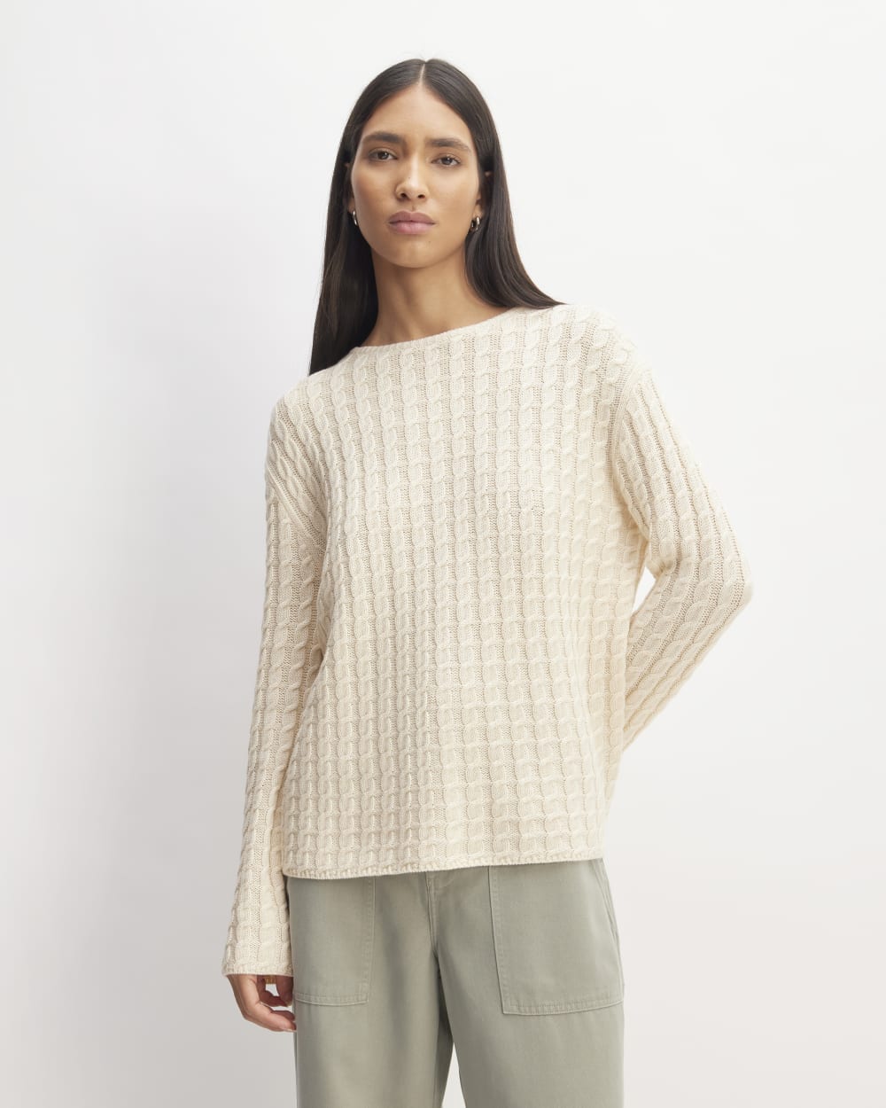 The Cotton Merino Cable Crew in Canvas — front view