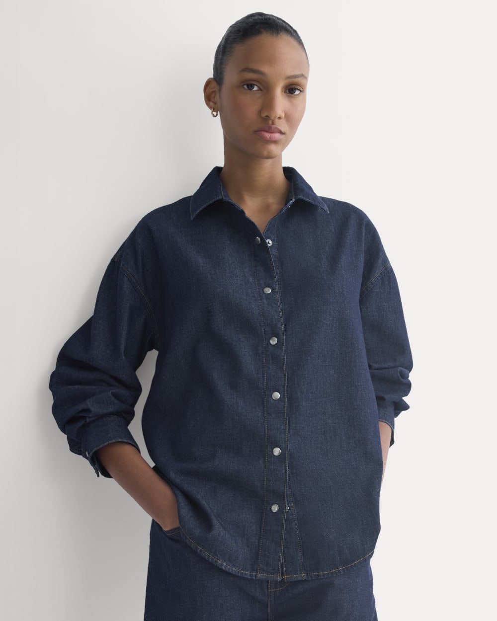 Everlane x Elena Bonvicini Balboa Button-Up Shirt in Deep Bay Indigo — front view