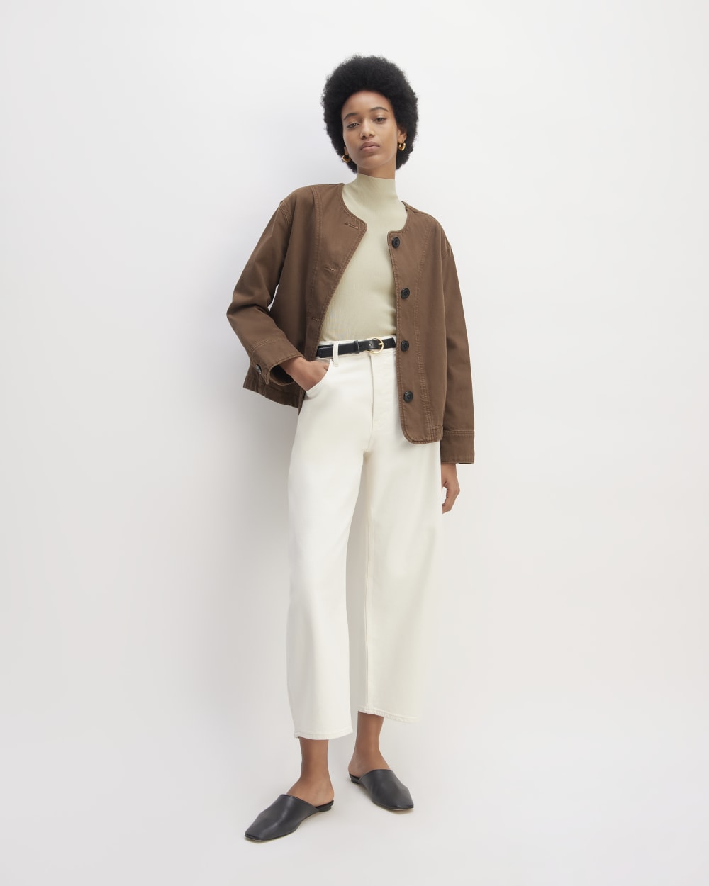 The Viscose Mock Neck Top in Beige — detail view