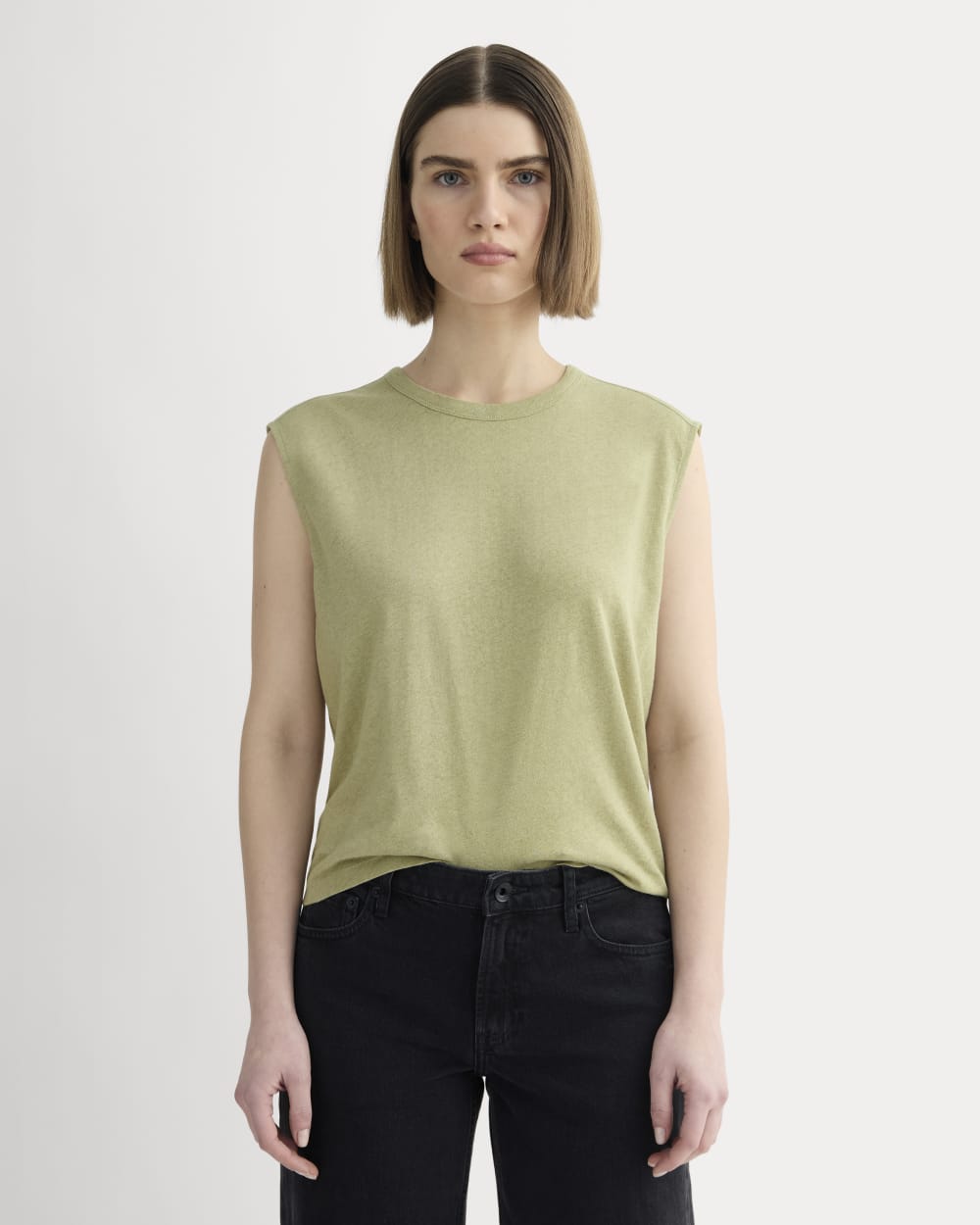 The Muscle Tee in Cotton Linen in Eucalyptus — front view