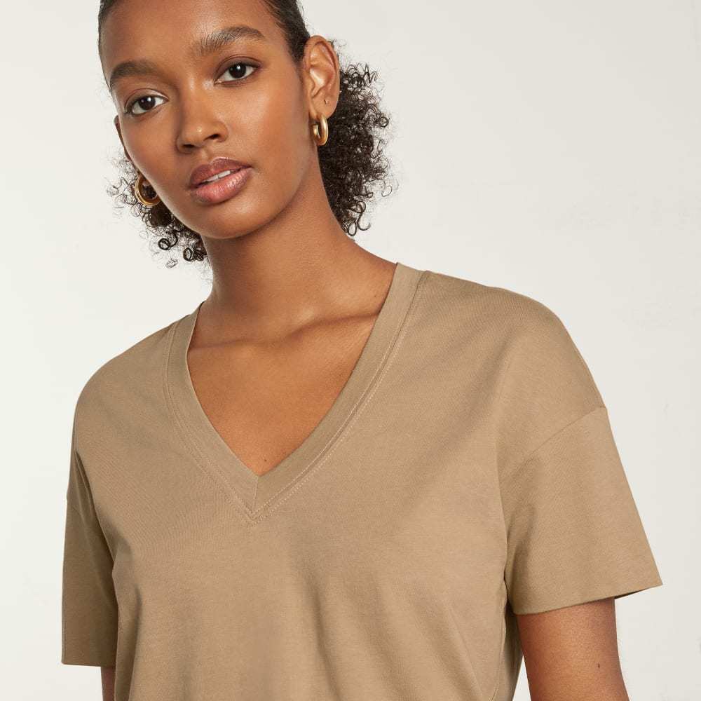 The Organic Cotton Slouchy V-Neck in Iced Coffee — detail view