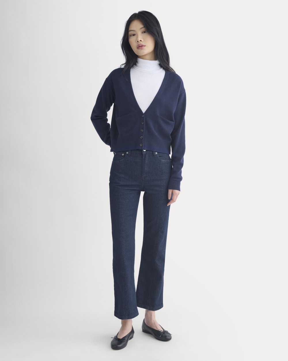 Deep V-Neck Cardigan in Cotton Merino in Navy — detail view