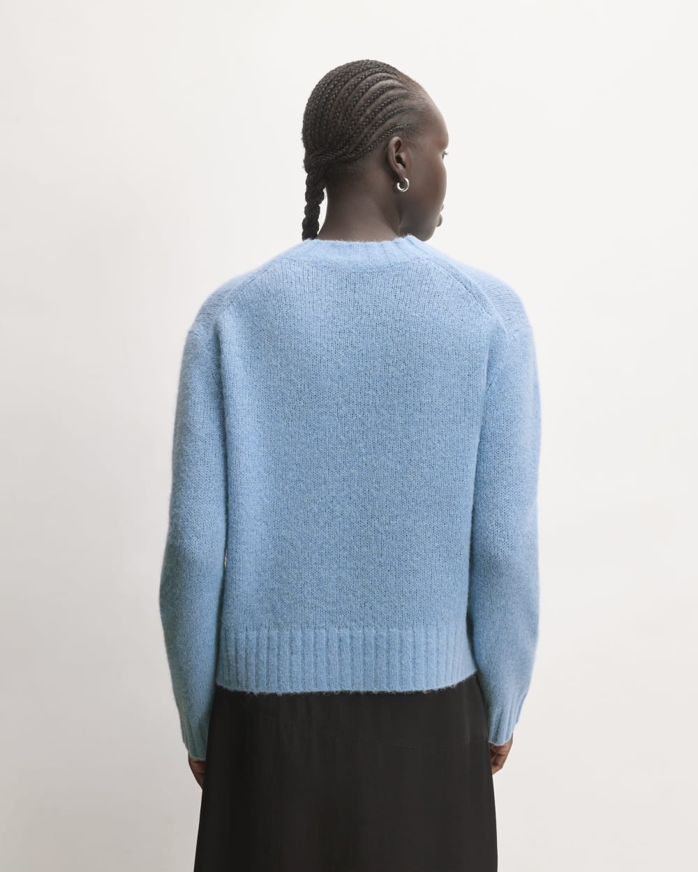 The Alpaca Cropped Crewneck Sweater in Heritage Blue — detail view