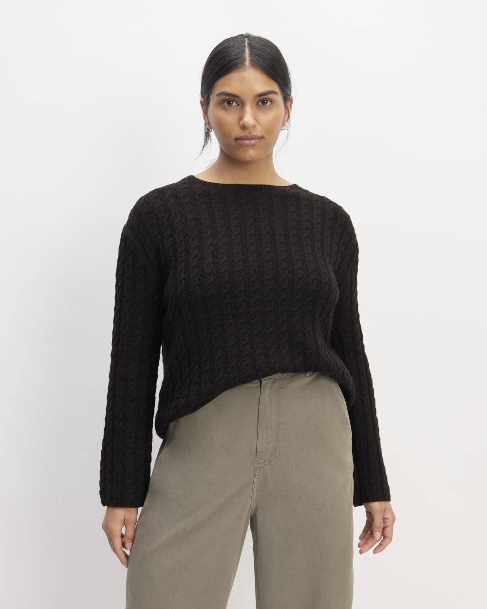 The Cotton Merino Cable Crew in Black — front view