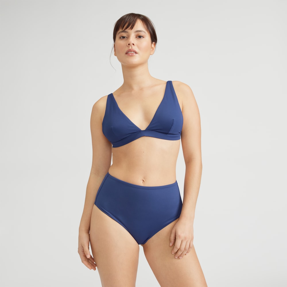 The ReNew Plunge Triangle Top in Navy — detail view