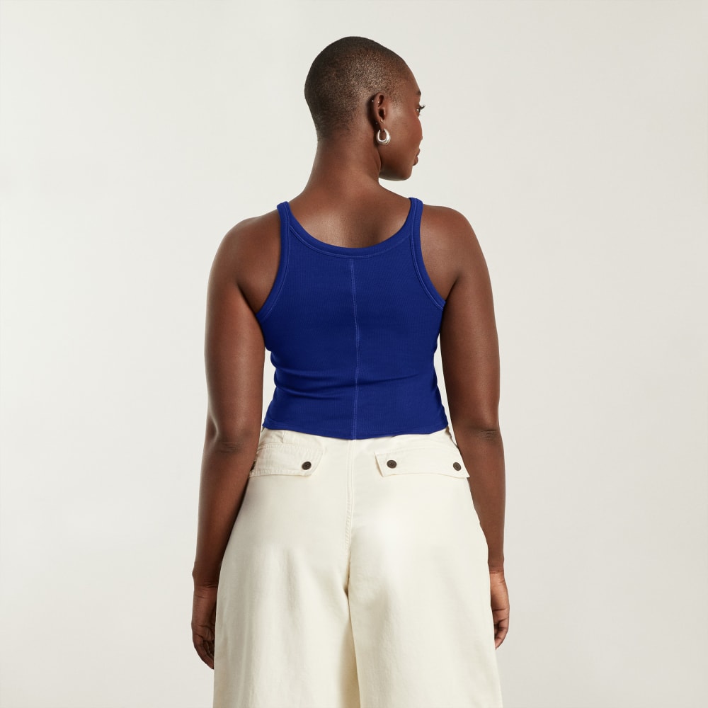 The Pima Micro-Rib Short Tank in Cobalt — detail view