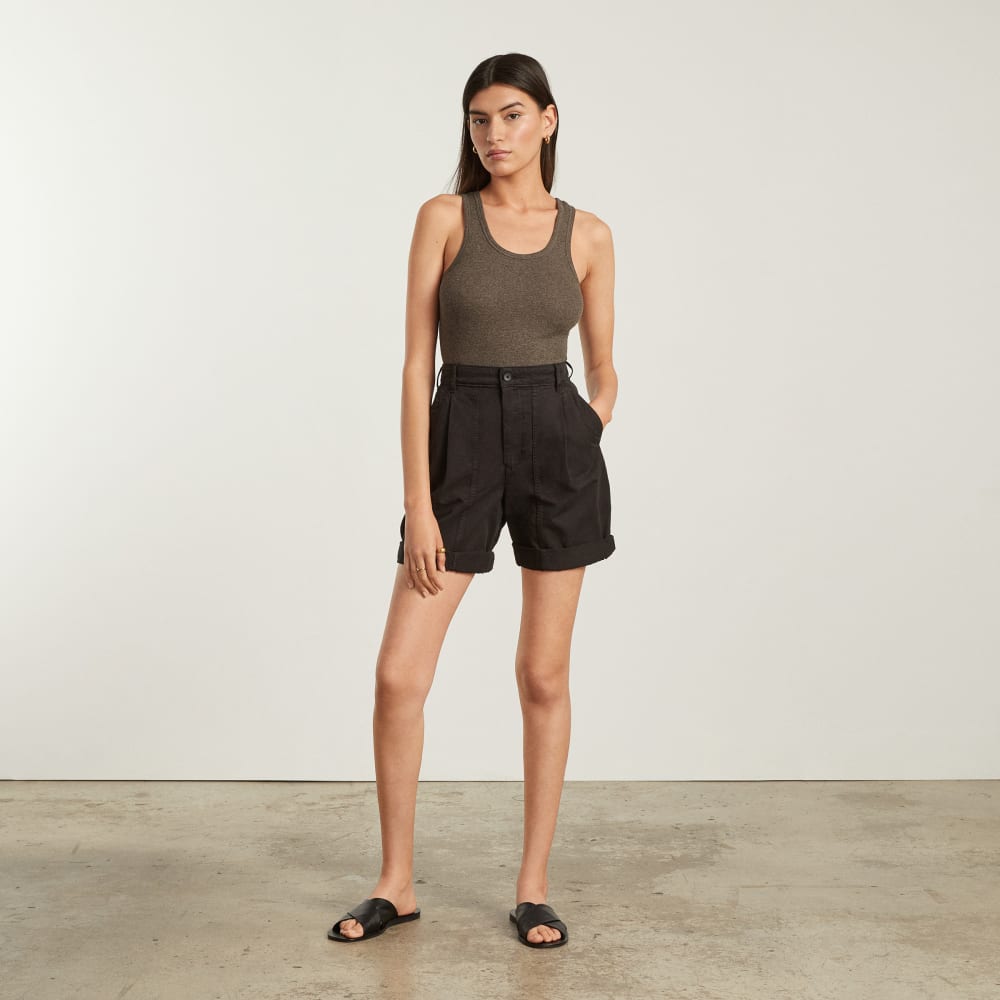 The Pima Micro-Rib U-neck Tank in Heathered Fatigue — detail view