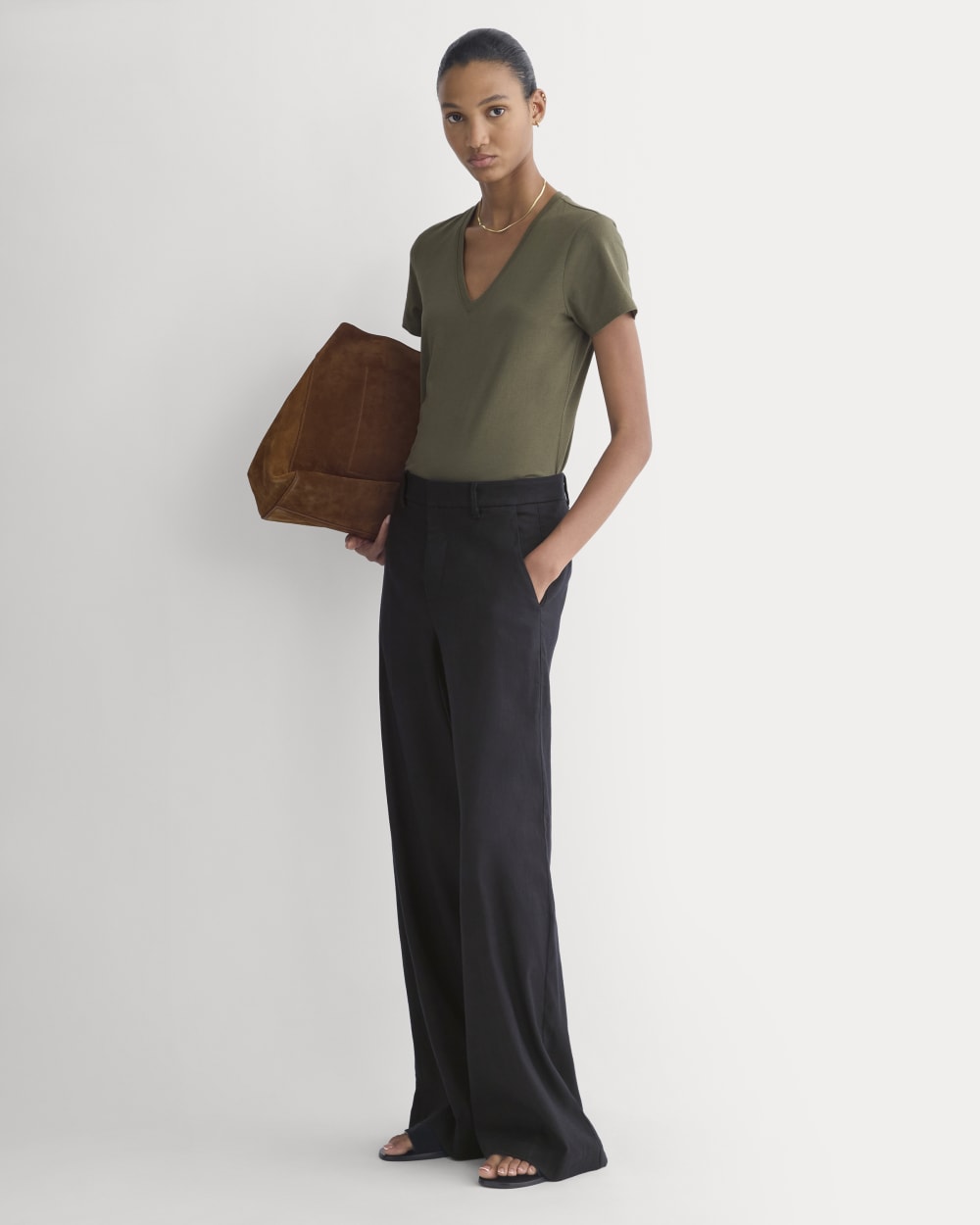 The Slim V-Neck Tee in Essential Cotton in Olive Night — detail view
