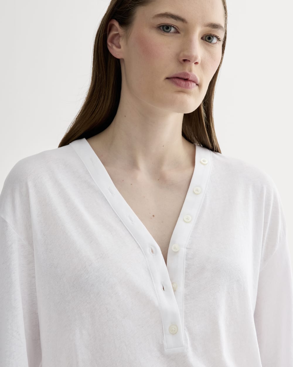 The Air V-Neck Henley in White — detail view