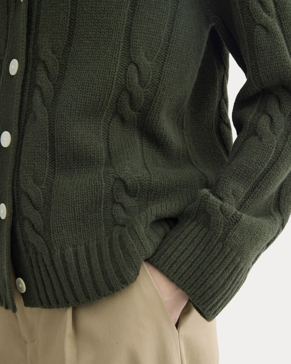 Cable Cardigan in Extrafine Luxe Merino in Dark Forest — detail view