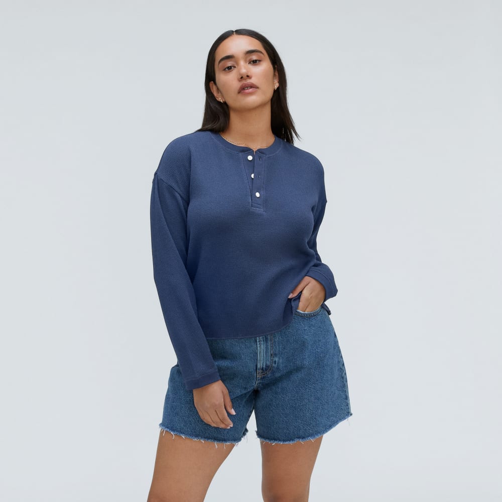 The Organic Cotton Waffle Henley in Navy — front view
