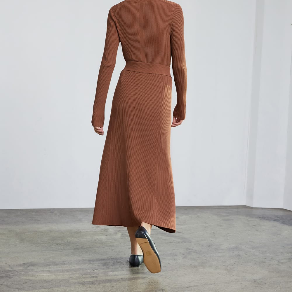 The Ribbed Knit Skirt in Cocoa Brown — detail view