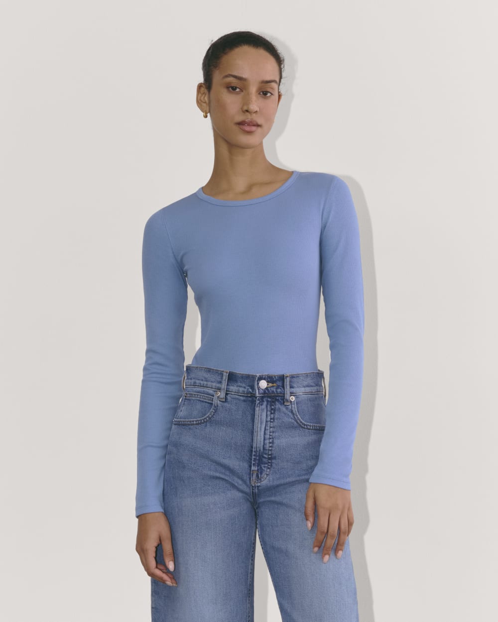 The Luxe Rib Long-Sleeve Crew in Bluebell — front view