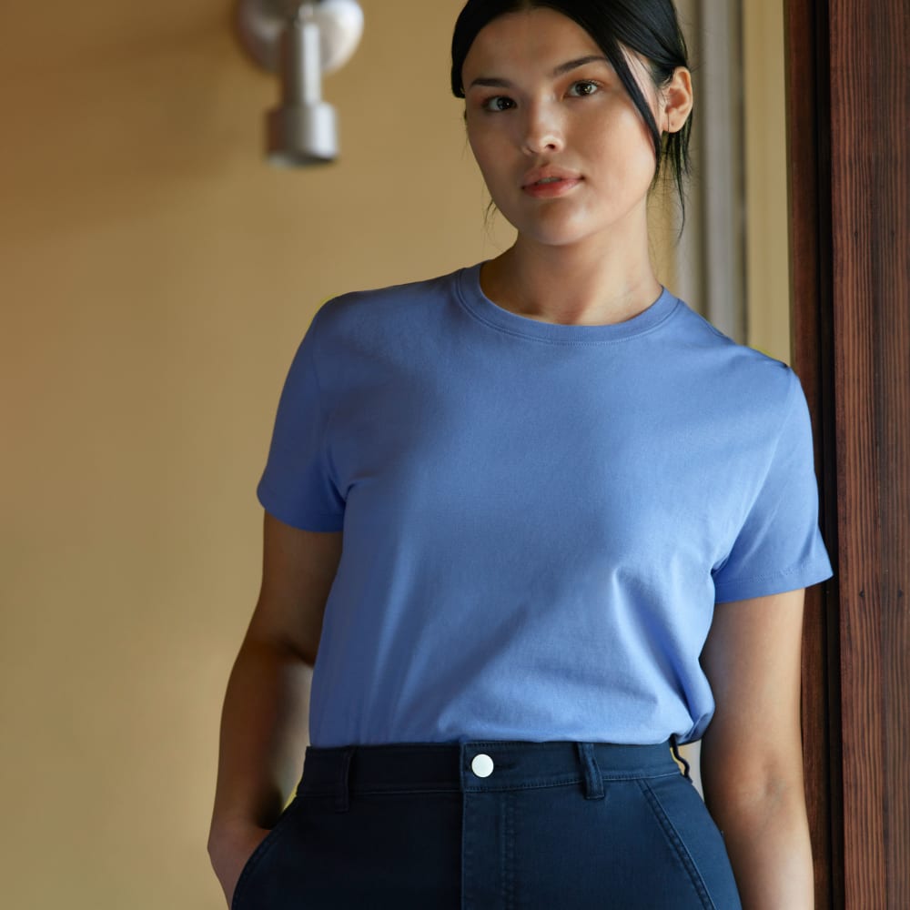 The Box-Cut Tee in Essential Cotton in Cornflower Blue — detail view