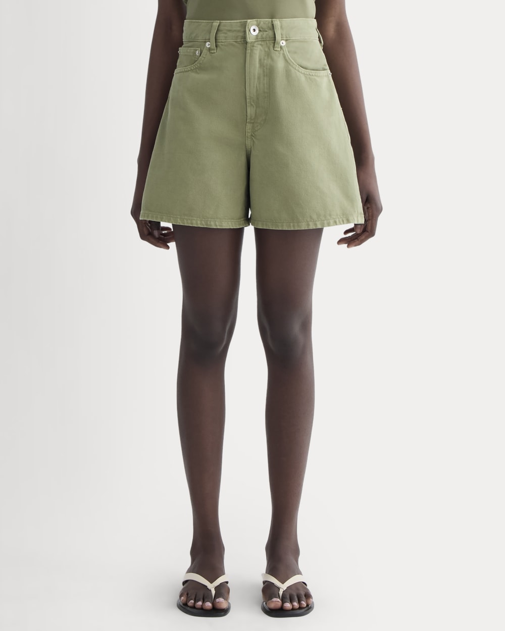 The A-Line Denim Short in Neutral Oil Green — detail view