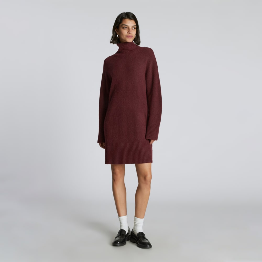 The Cozy Stretch Turtleneck Dress in Brandy — detail view
