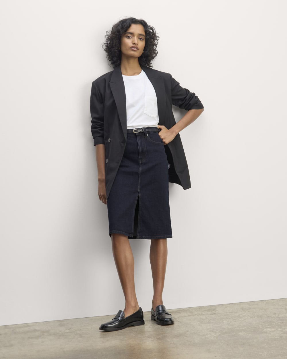 The Mid-Way Skirt in Deep Rinse — front view