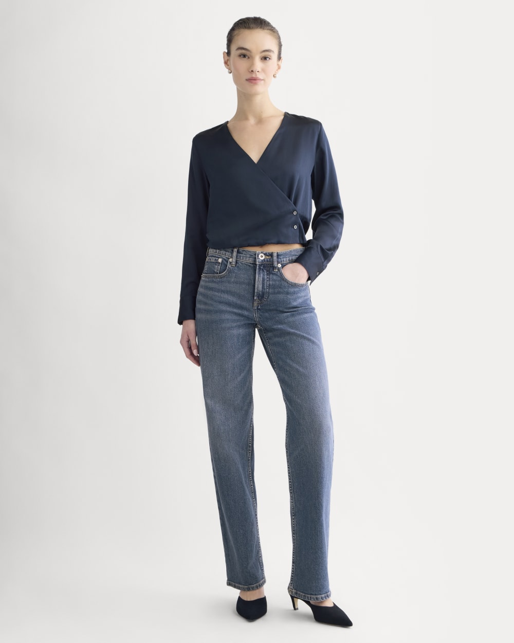 Wrap Top in Silk Charmeuse in Navy — detail view