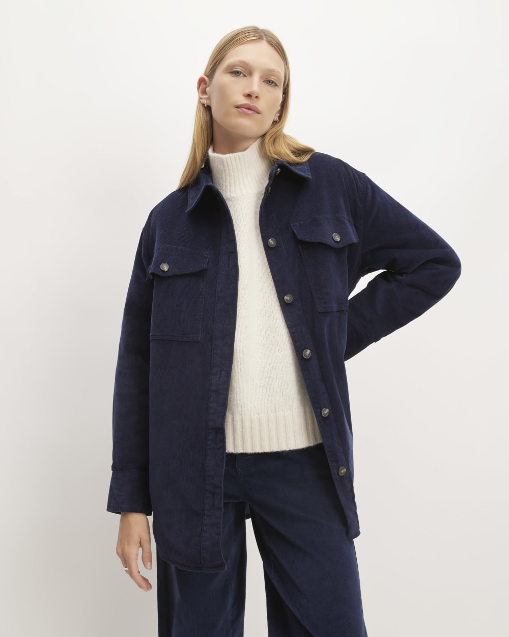 The Corduroy Oversized Shirt Jacket in Navy — front view