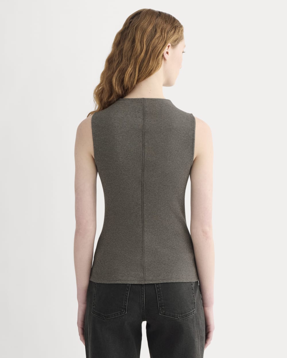 The Luxe Rib Funnel-Neck Tank in Heathered Fatigue — detail view