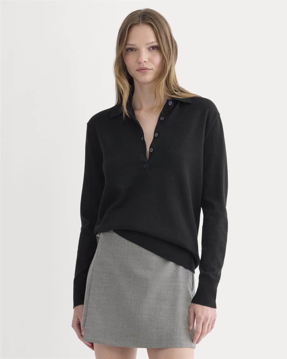 Oversized Polo Sweater in Cotton Merino in Black — front view