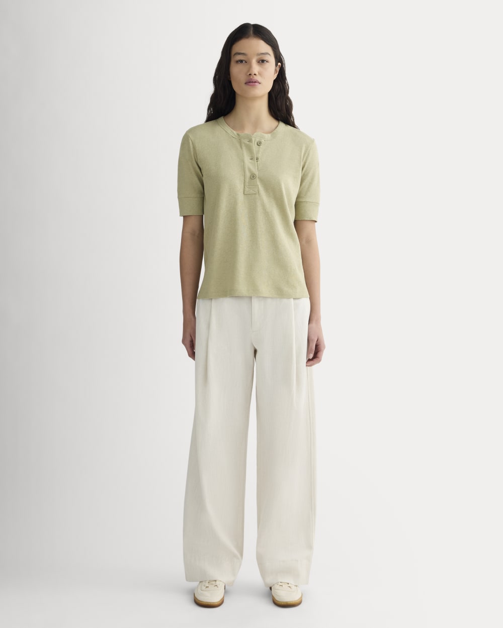 The Henley in Cotton Linen in Eucalyptus — detail view