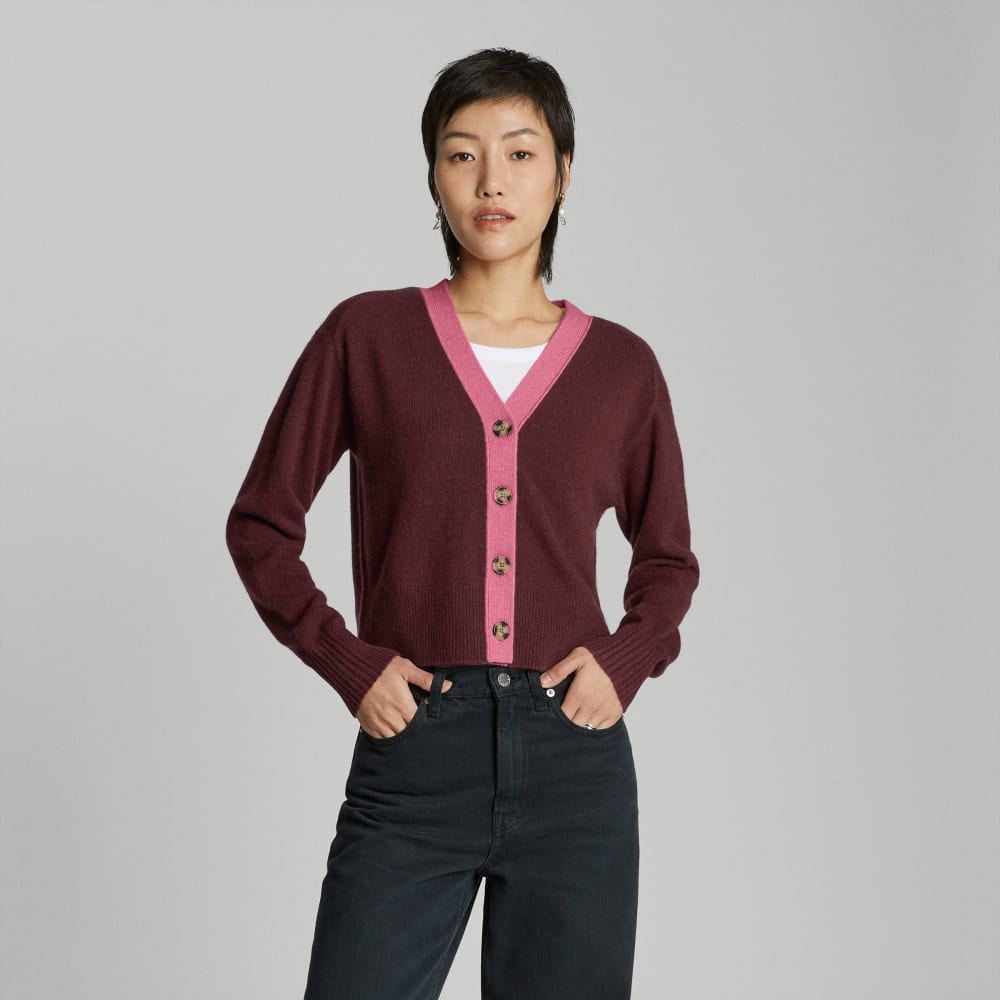The Cashmere Cardigan in Tawny Port / Bubblegum — front view