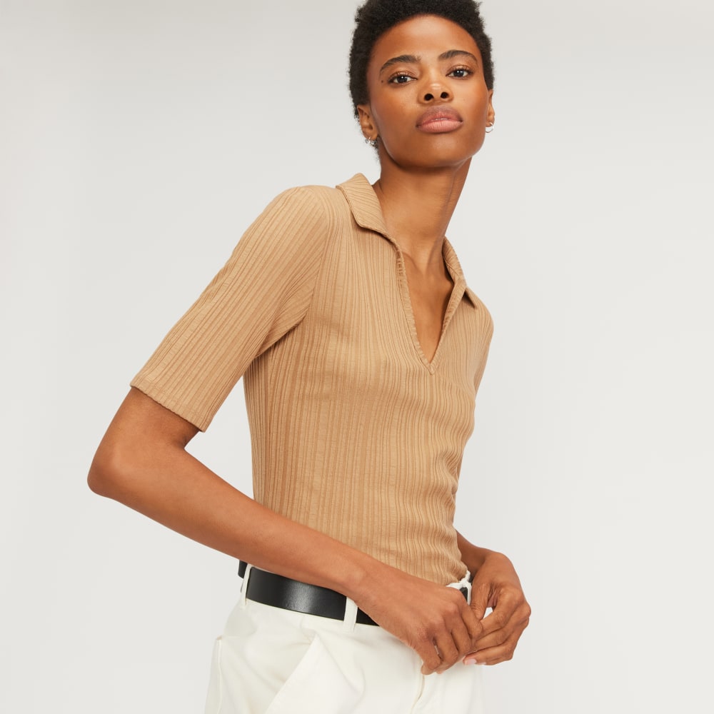 The Rib Soft Knit Open Collar Polo in Caramel — detail view