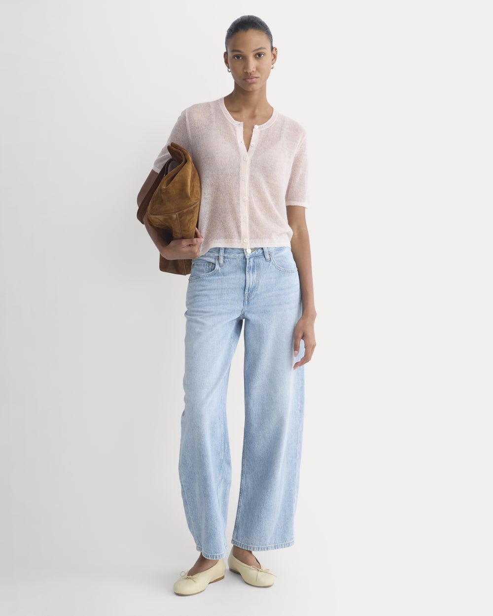 The Air Alpaca™ Short-Sleeve Cardigan in Soft Pink — detail view