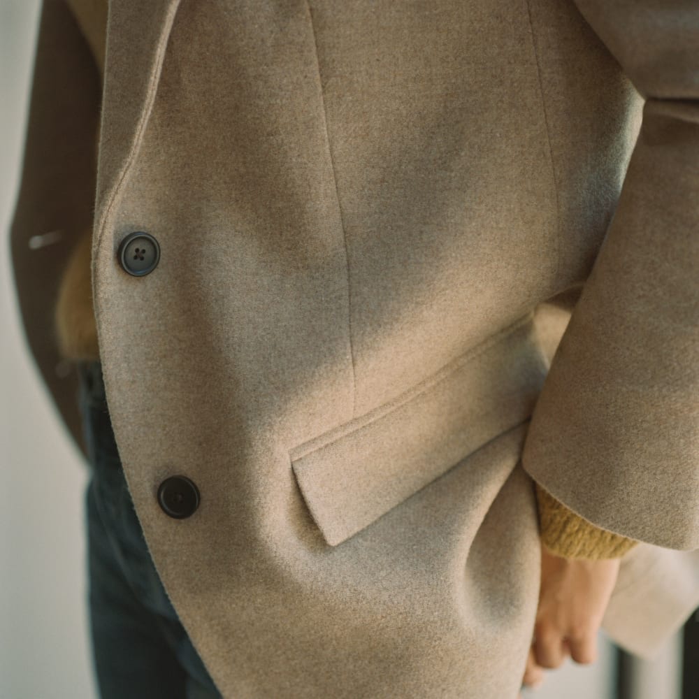 The Oversized Blazer in Wool in Toasted Tan — detail view