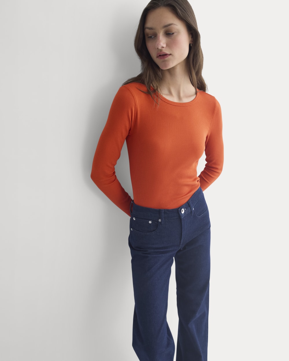 The Luxe Rib Long-Sleeve Crew in Rust — detail view