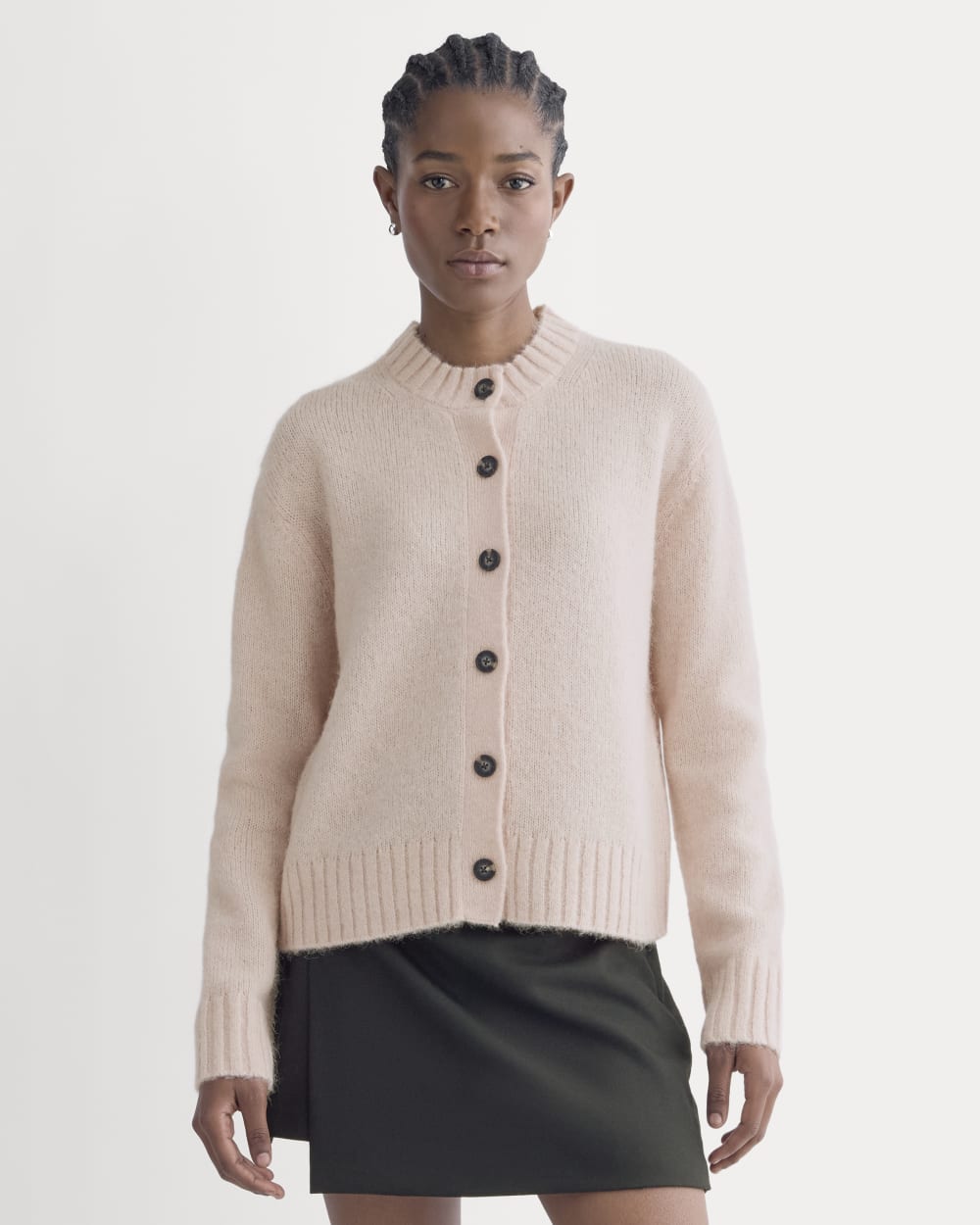 The Crew Cardigan in Alpaca in Soft Rose — front view