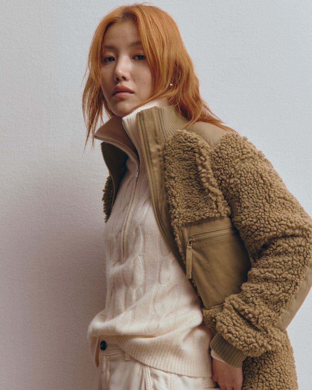 The Cable Half-Zip in Luxe Merino in Bone — detail view