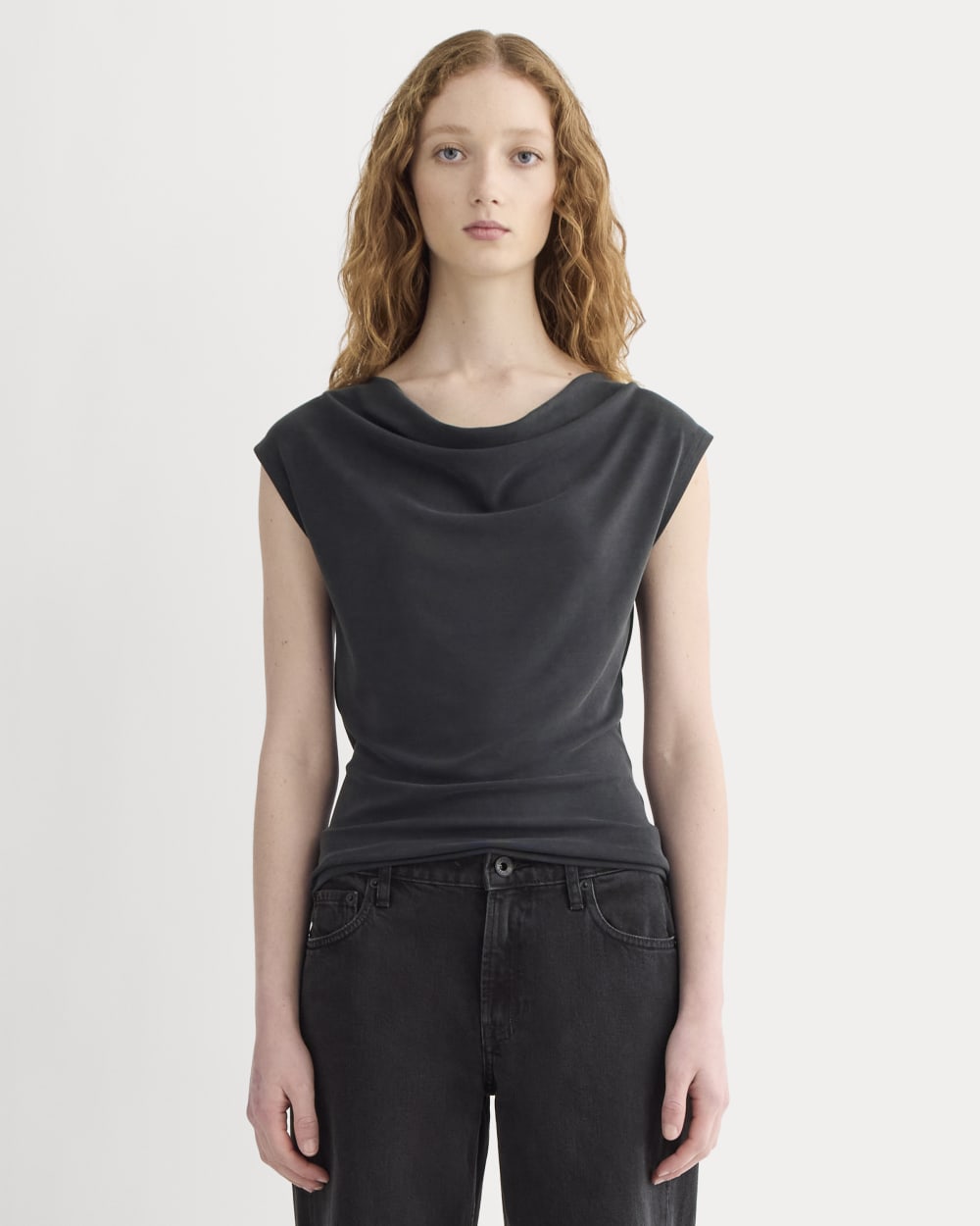 The Draped Top in Butterknit in Black — front view