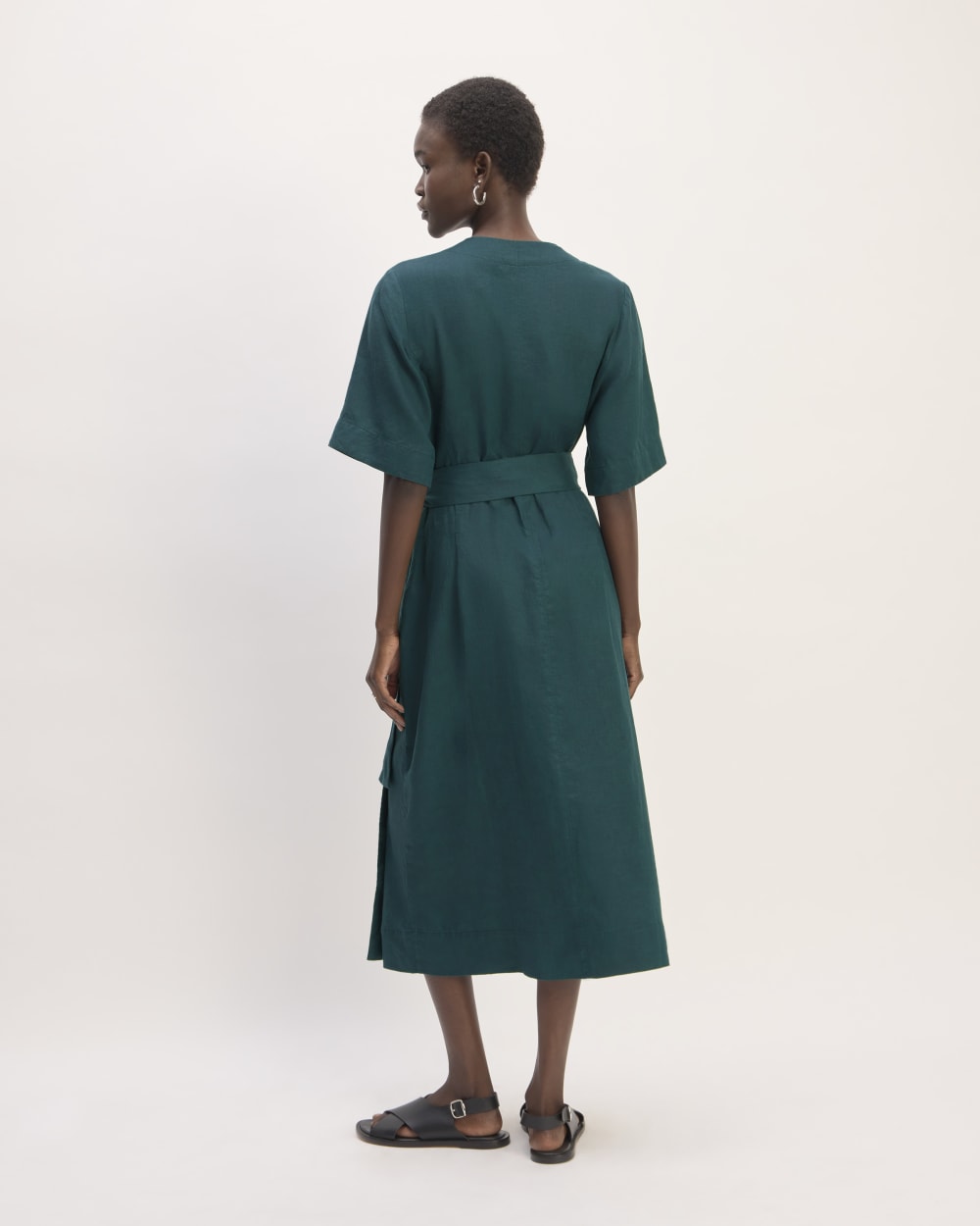 The Wrap Dress in Linen in Dark Sea — detail view