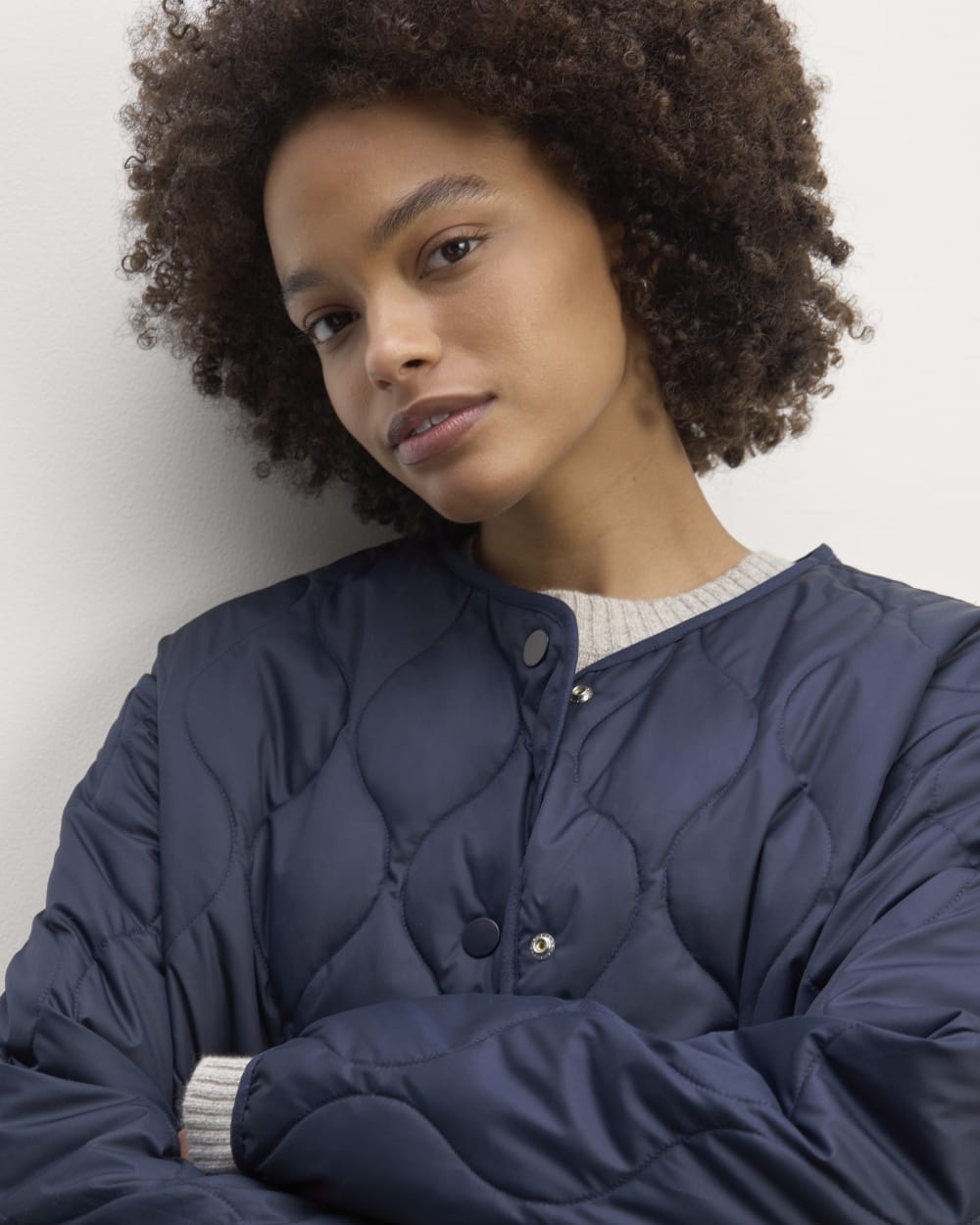 The Long Quilted Liner in Navy — detail view