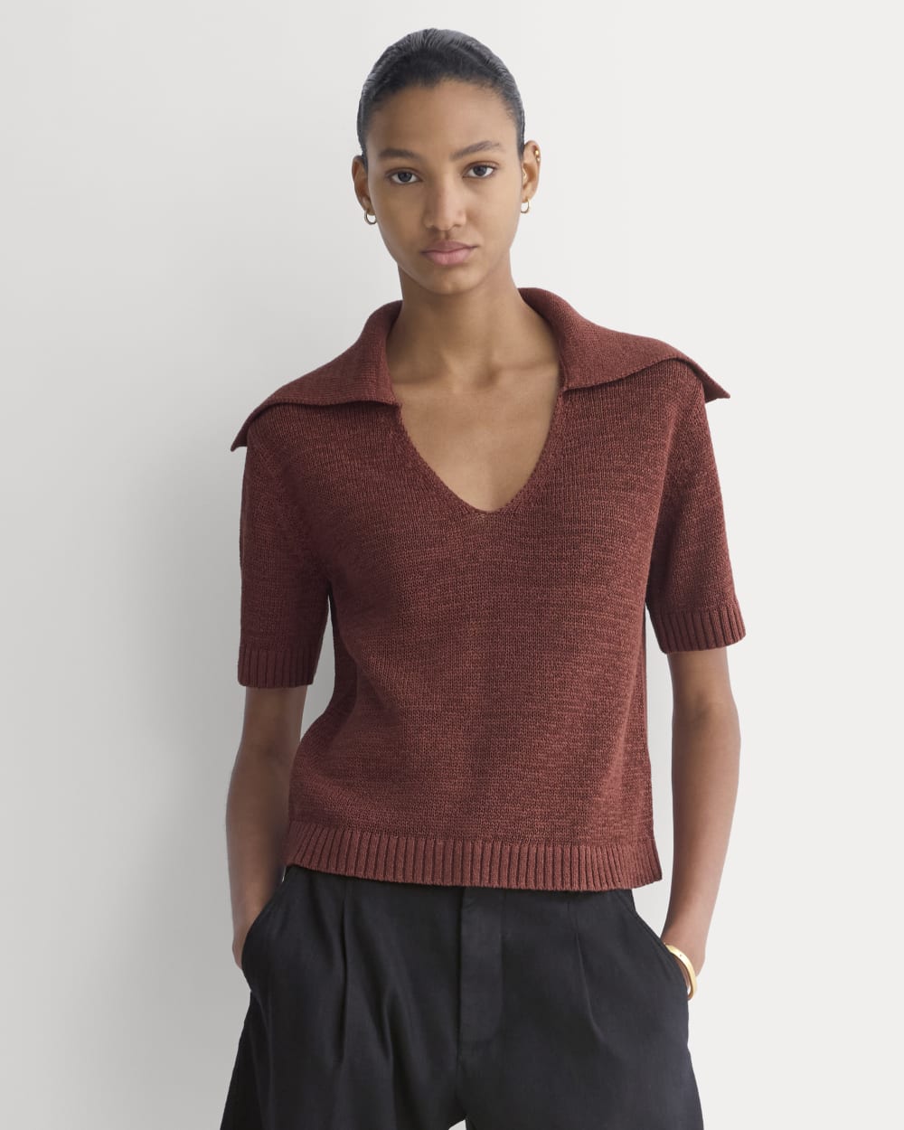Open Collar Polo in Henna Red — front view