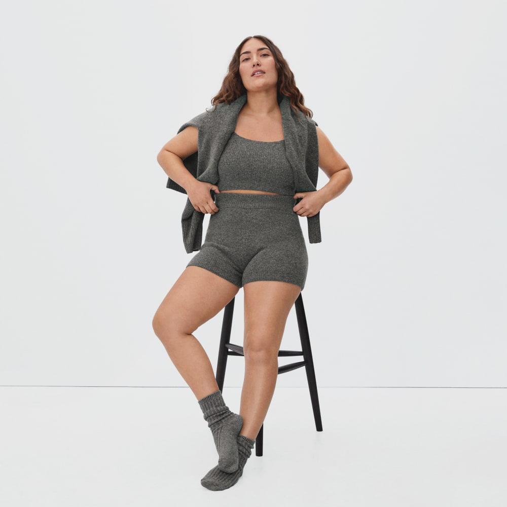 The Cozy-Stretch Short in Heathered Charcoal — detail view
