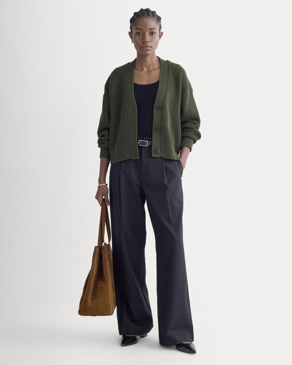 The Boxy Cardigan in Everyday Cotton in Dark Green — detail view