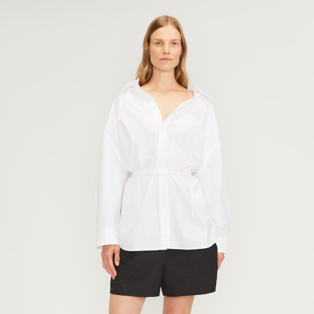 The Poplin Tie Back Shirt in White — front view